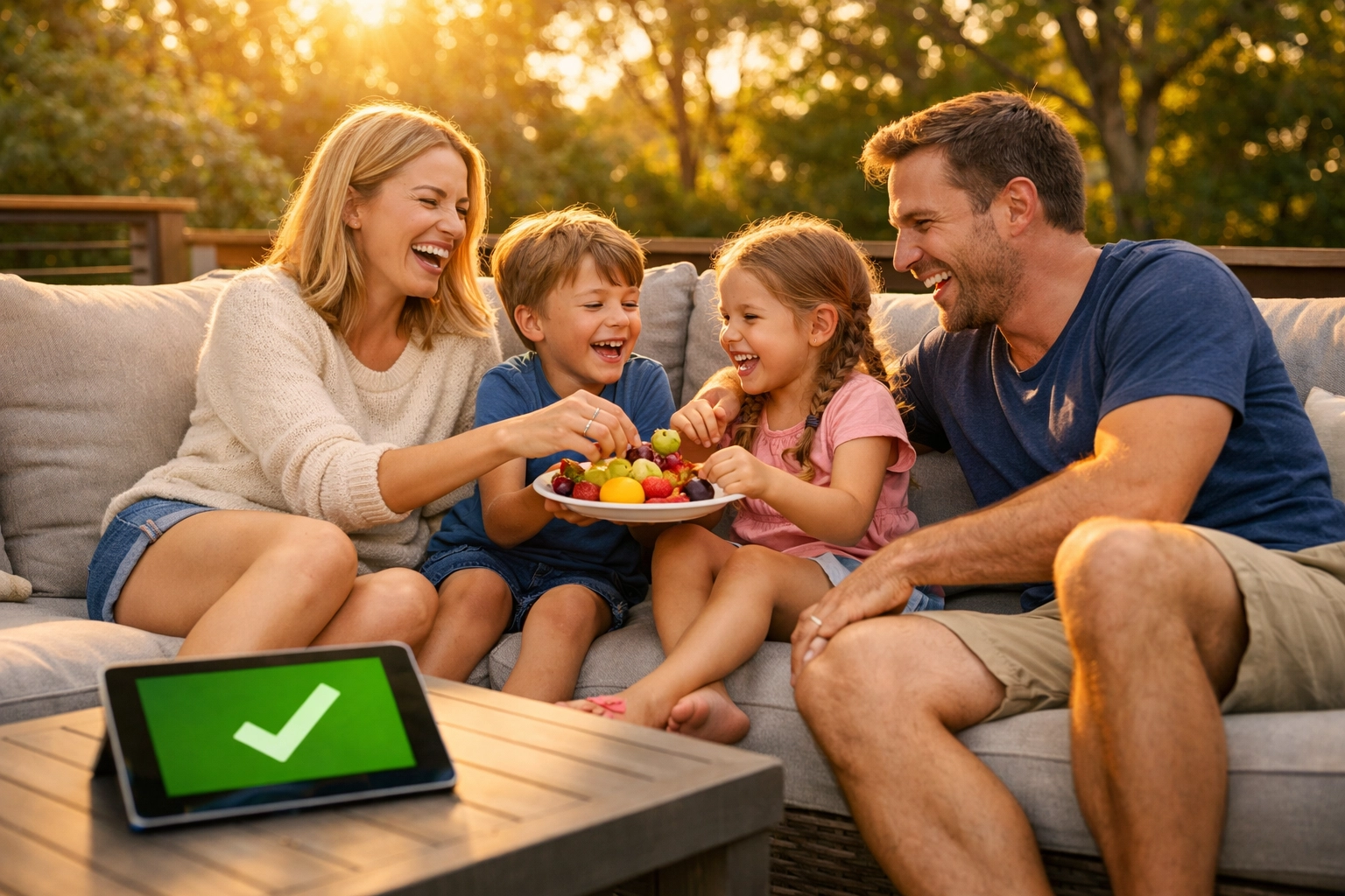 Happy family relaxing on an outdoor deck after finishing tasks with their home management app.