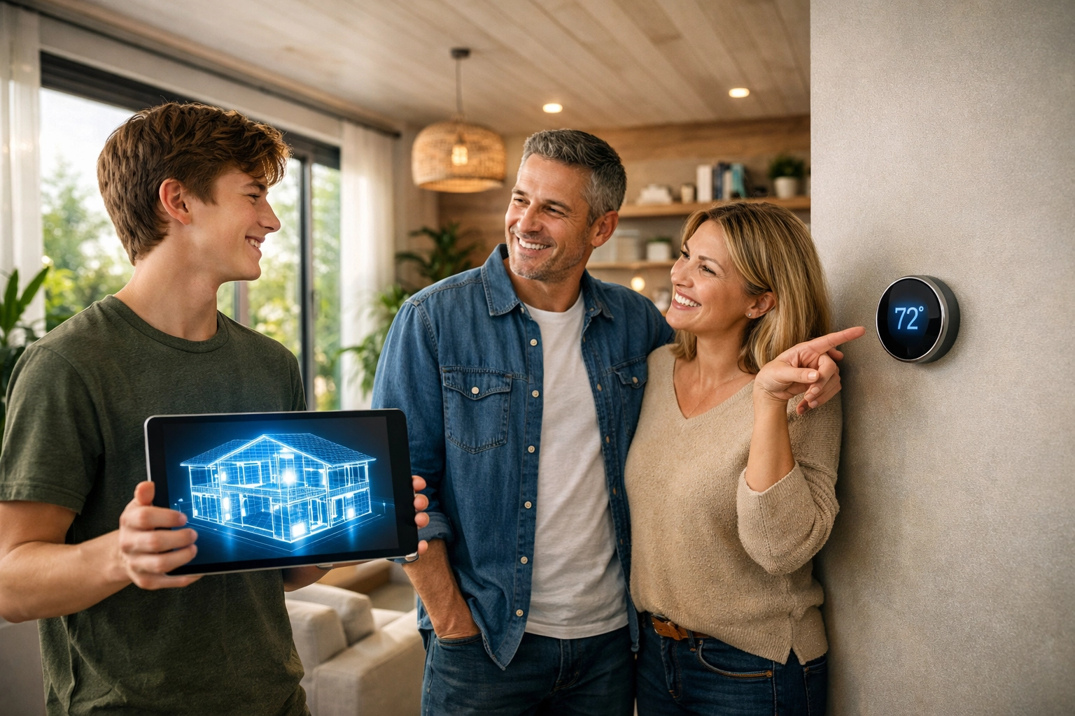 Family collaborating on a home inventory audit using a digital tablet in a modern living room.