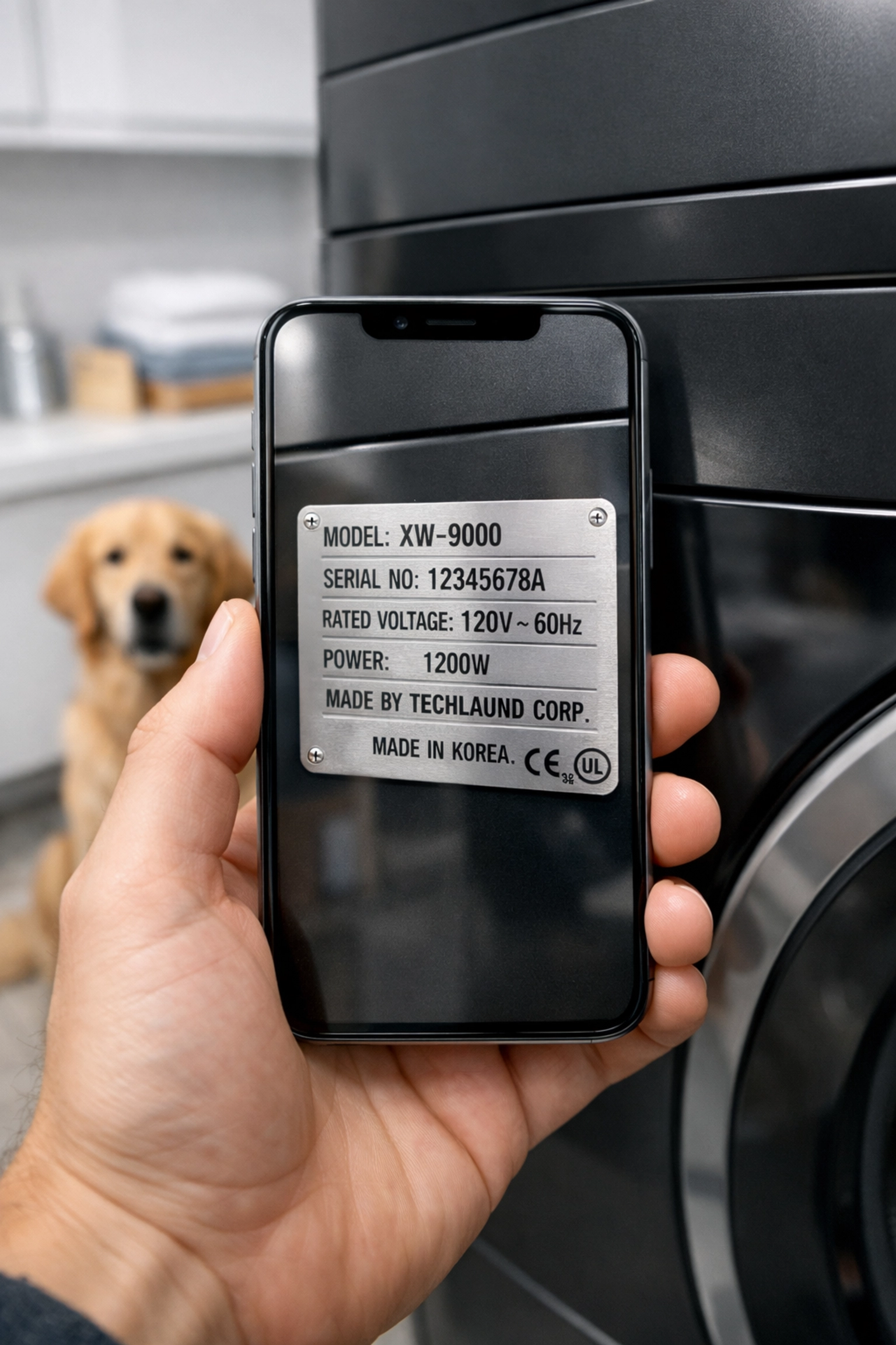 Using a home management app to snap a photo of a laundry machine model plate for maintenance tracking.