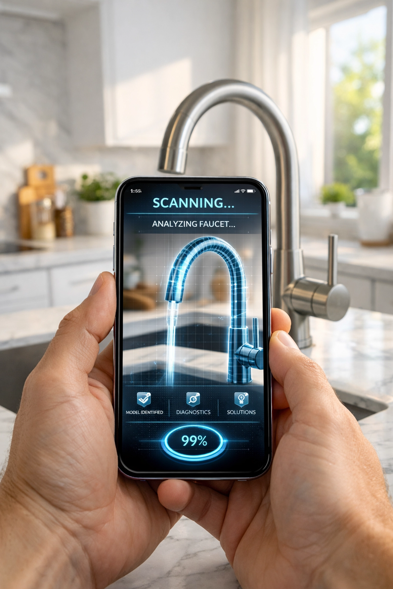 Homeowner using an AI home repair app to scan and diagnose a kitchen faucet for DIY maintenance.