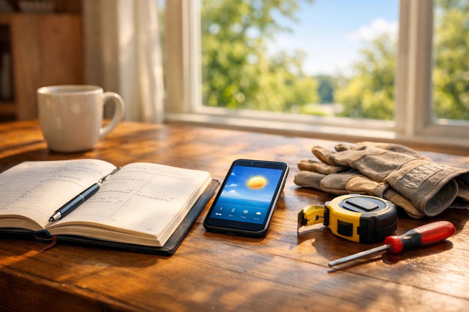 Homeowner planning a May home maintenance checklist with tools and a weather forecast on a smartphone.