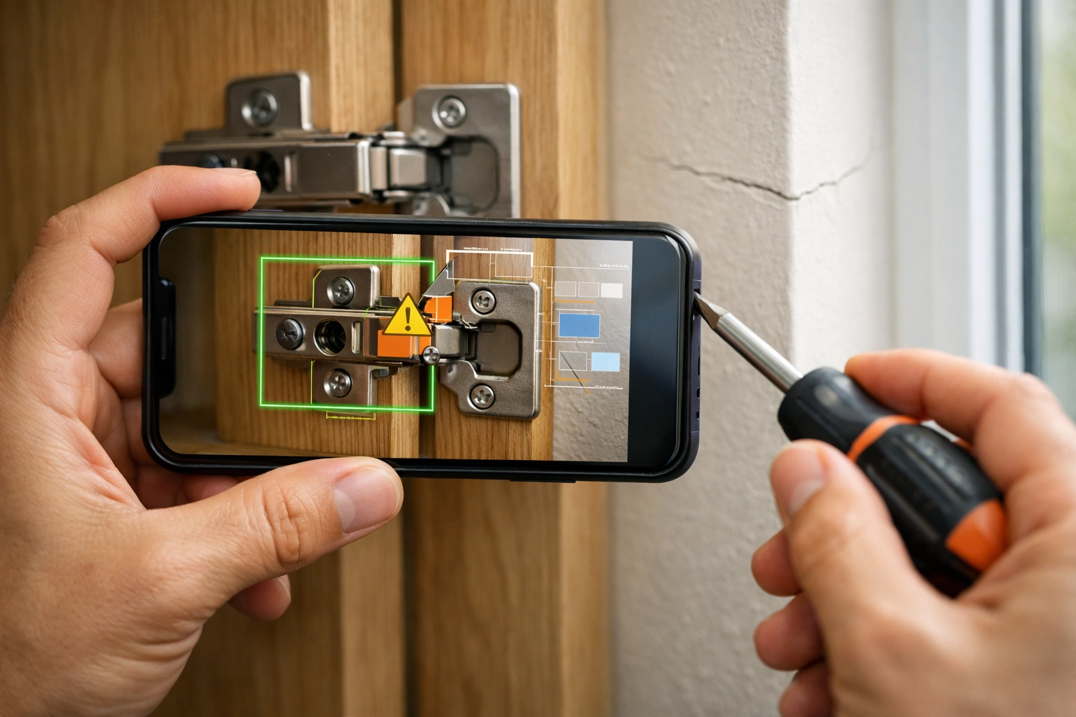 Using an AI-powered home repair app to troubleshoot a broken cabinet hinge with a smartphone.