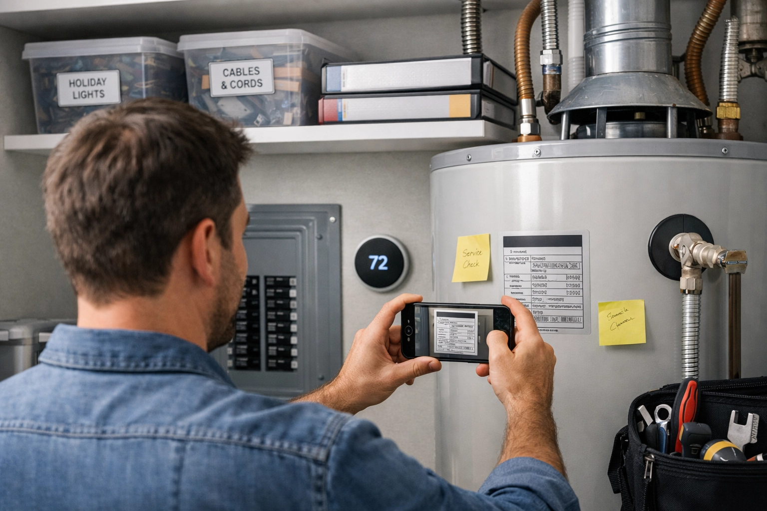 Tracking home maintenance by scanning a water heater with a smartphone app in a clean utility room.