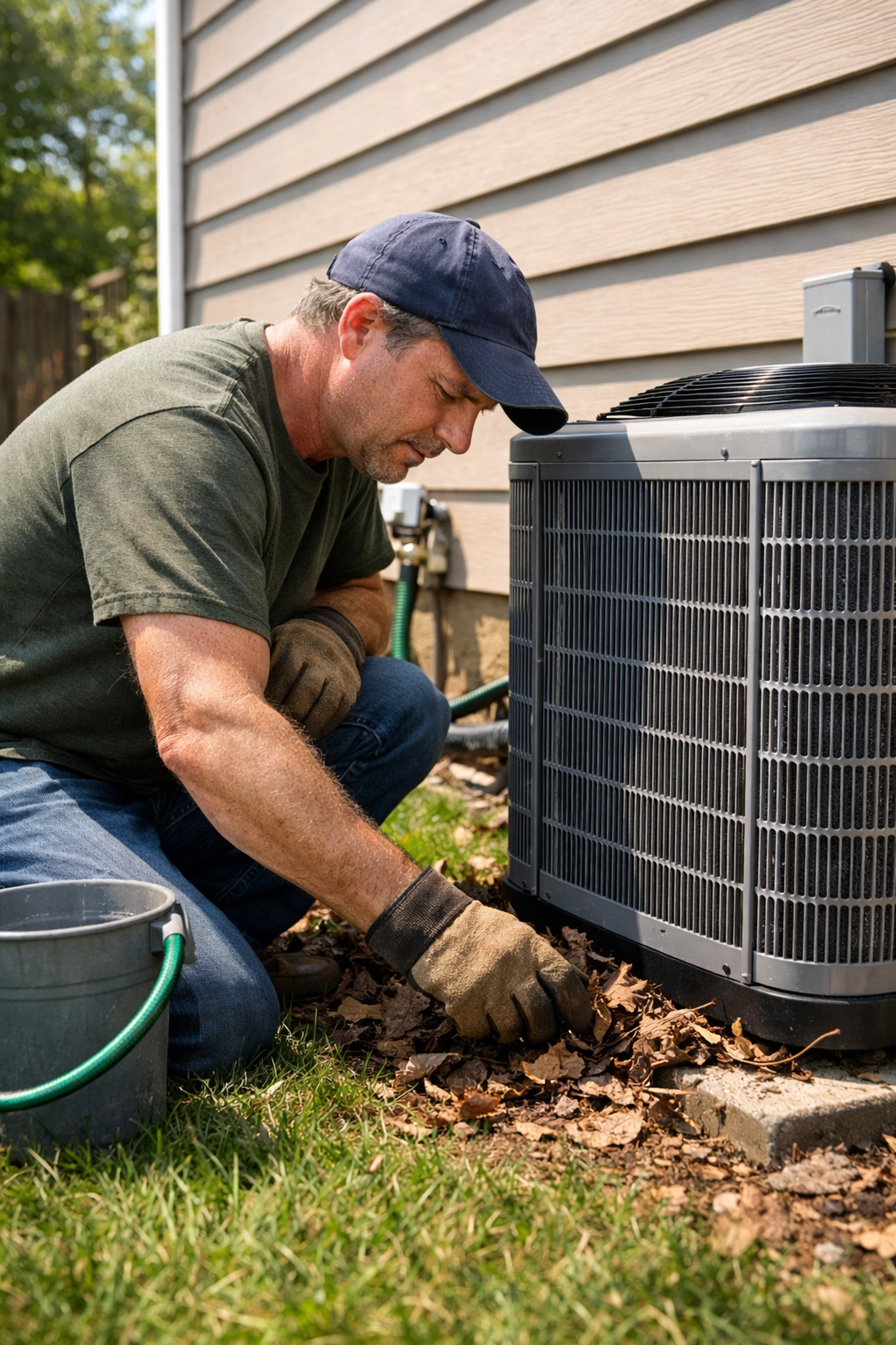 Homeowner checking an outdoor AC unit and preparing a sump pump test in a sunny backyard.