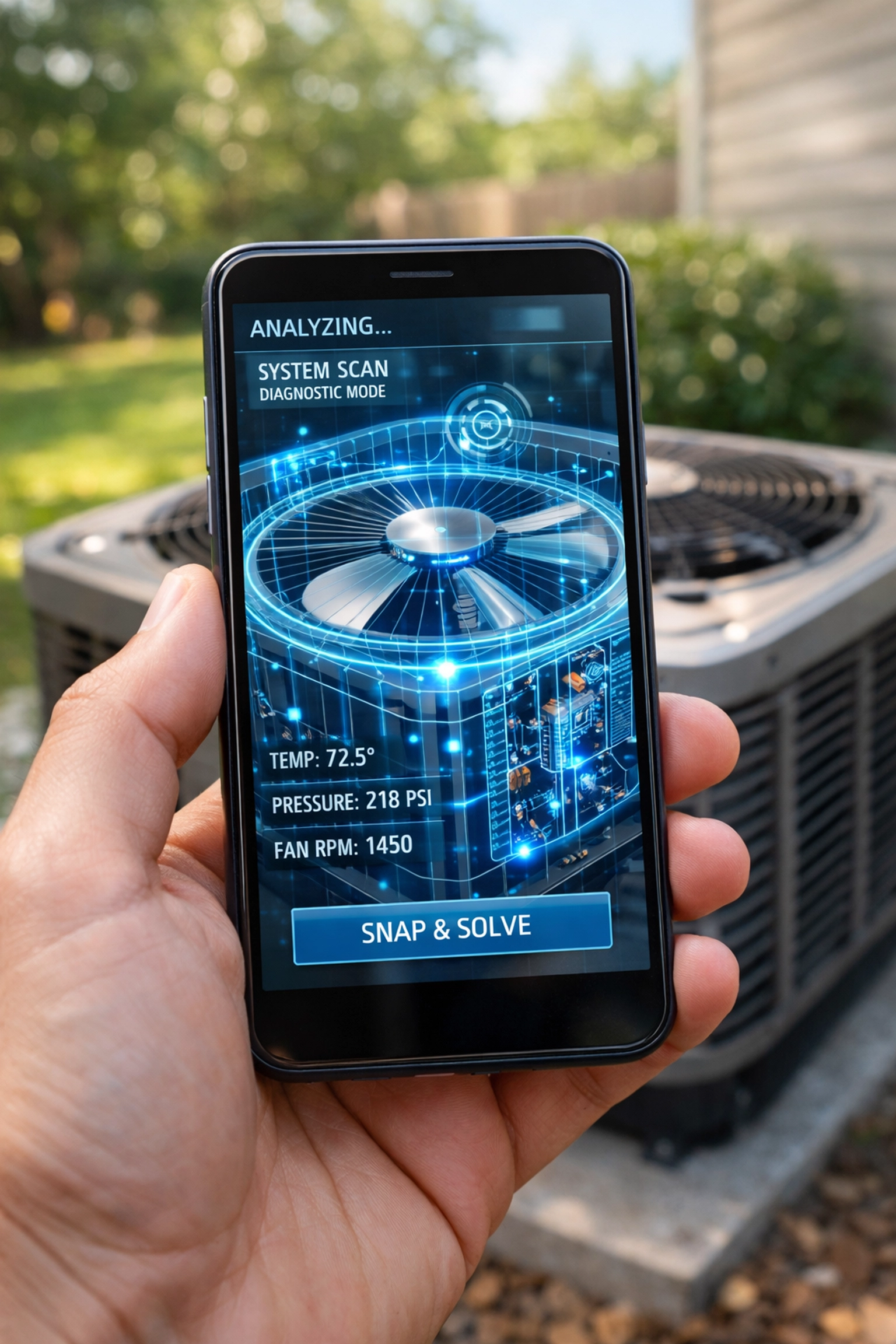 A smartphone scanning an AC unit with Snap & Solve AI to diagnose summer home maintenance issues.