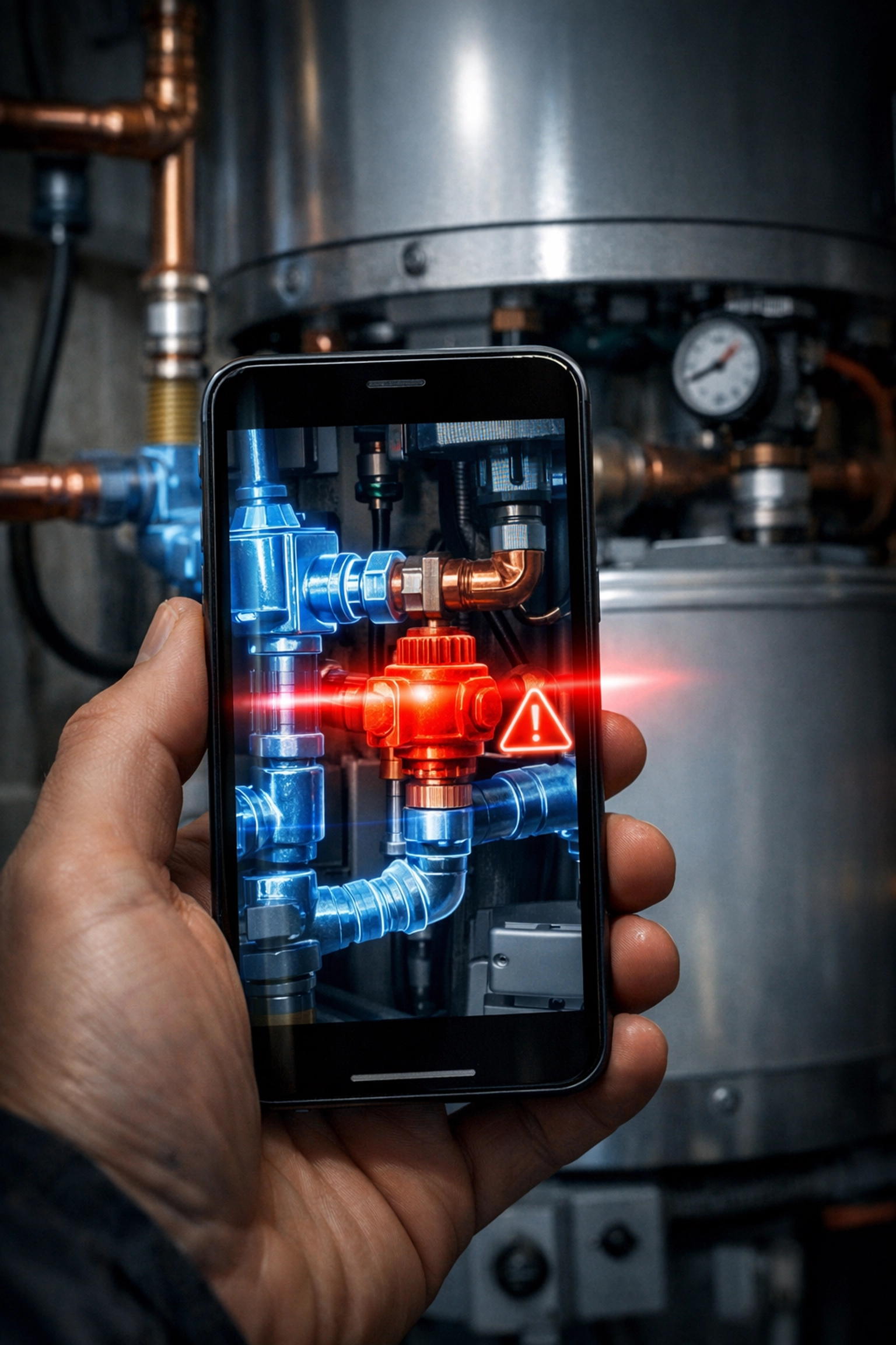 AI-powered safety scan of a water heater flagging a gas valve issue as a professional repair task.