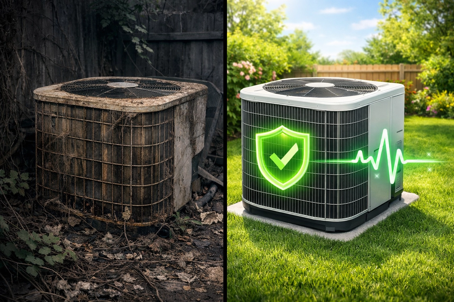 Comparison of a neglected HVAC unit versus a clean, AI-optimized AC unit with a high Home Health Score.