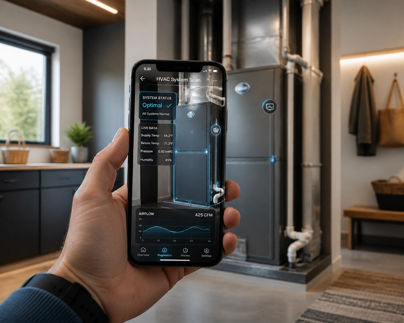 Homeowner using a smartphone app to scan an HVAC unit for AI home diagnostics.