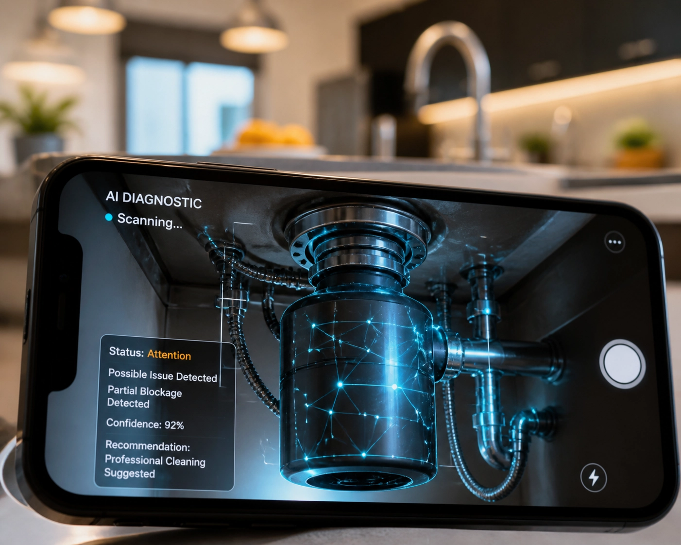 Close-up of a smartphone app scanning a kitchen sink for AI-powered plumbing diagnostics.