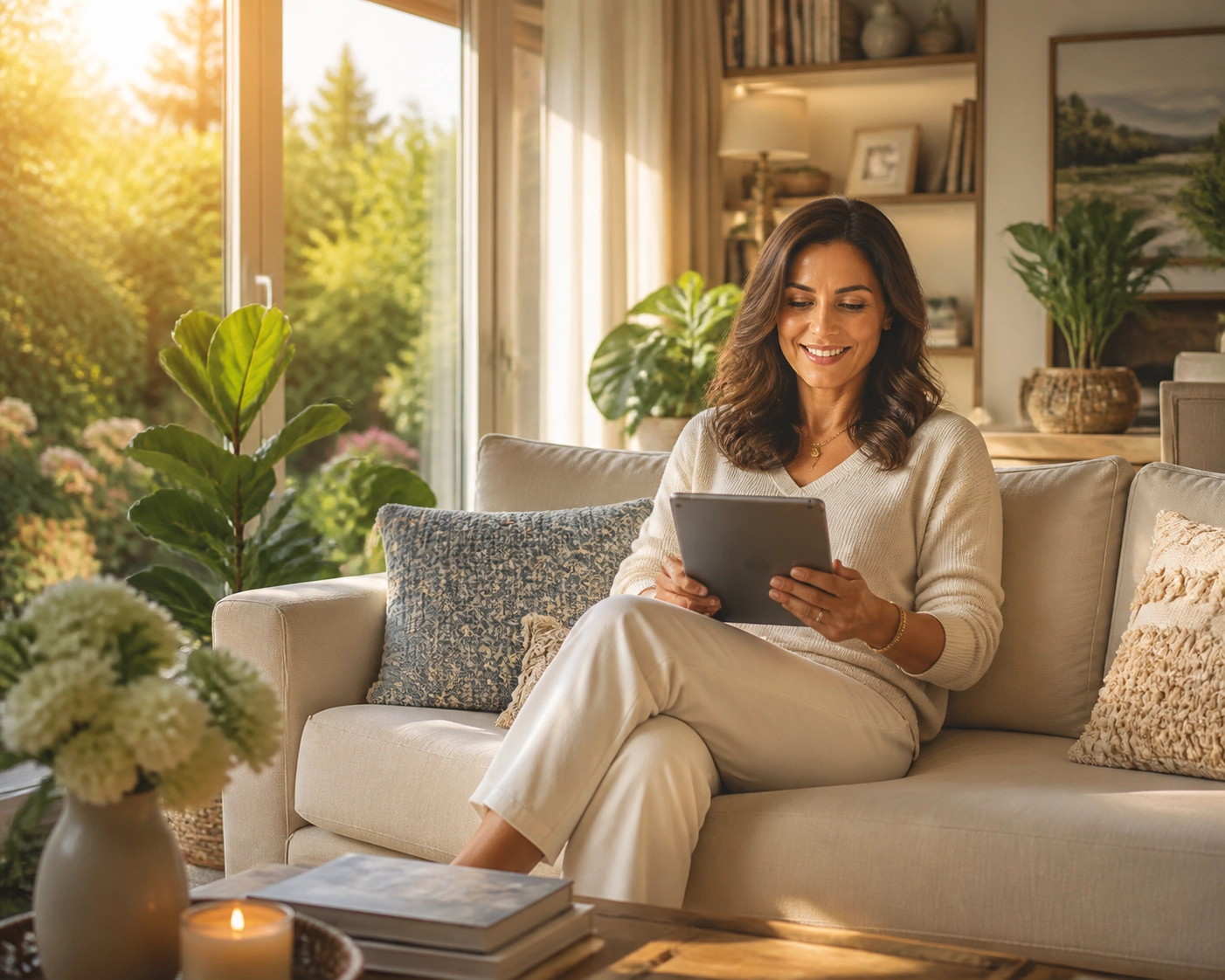 A homeowner using a digital home management app to organize maintenance in a sunny living room.