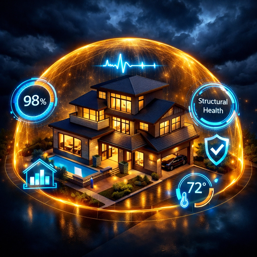 Digital home health score visualization showing structural safety and storm prep readiness against a dark sky.