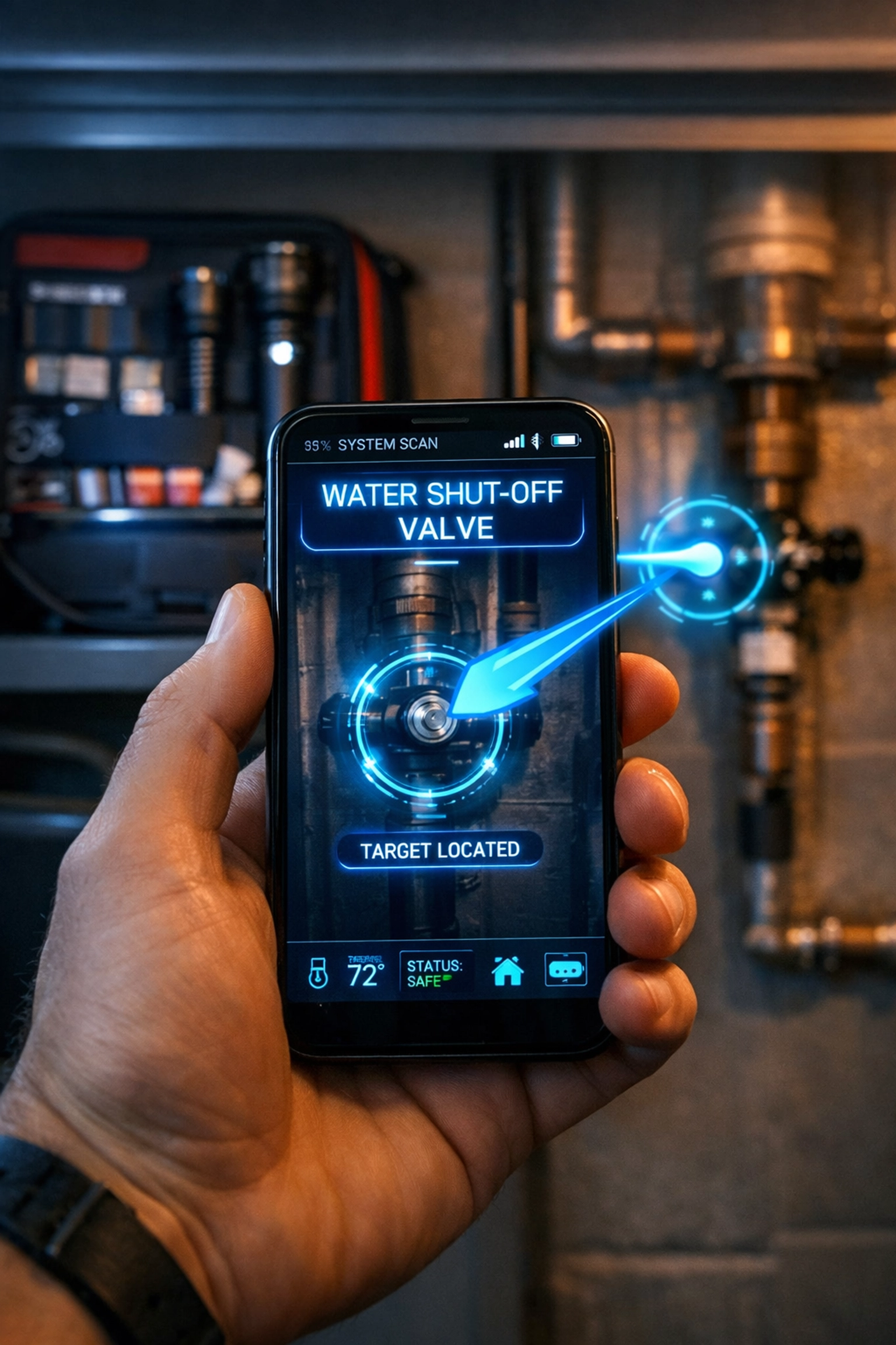 AI home management app using AR to locate a water shut-off valve for emergency preparedness.