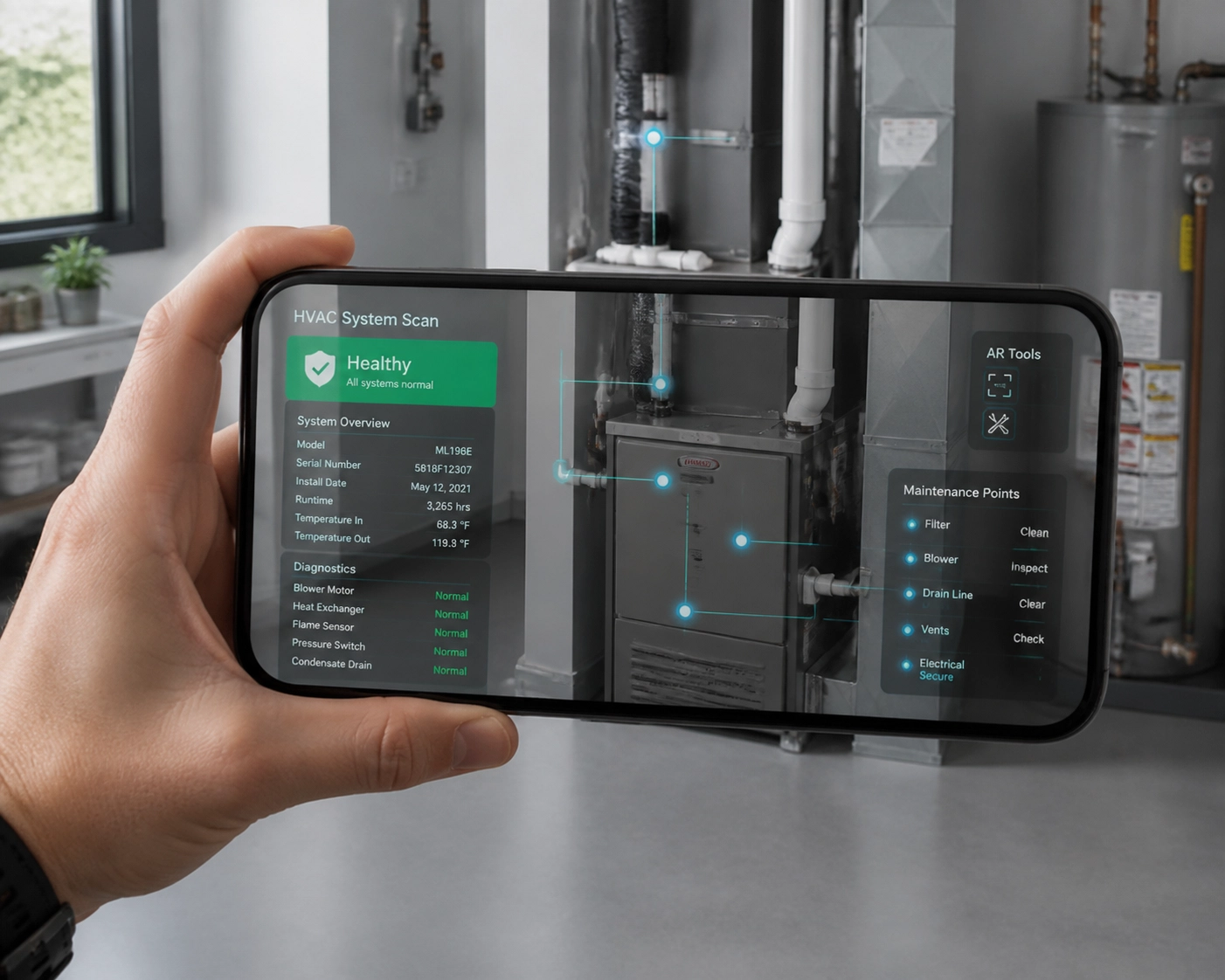 Person using a smartphone to run AI home diagnostics on a modern HVAC unit for preventive maintenance.