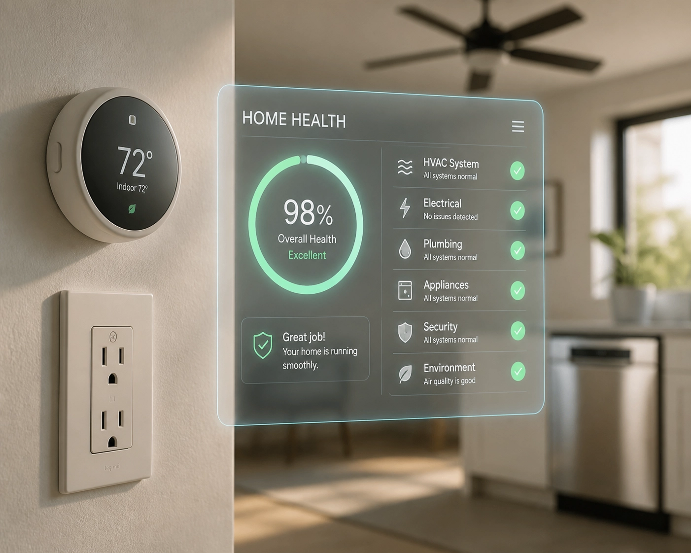 Digital home health dashboard tracking maintenance history for smart thermostats and home appliances.
