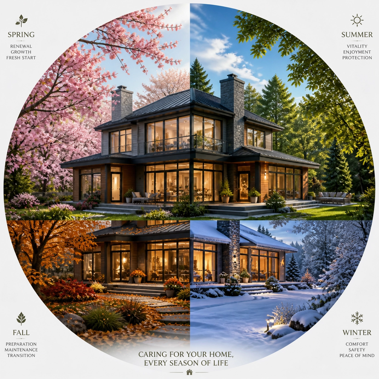 Four seasons split-view of a home highlighting a year-round seasonal maintenance schedule.