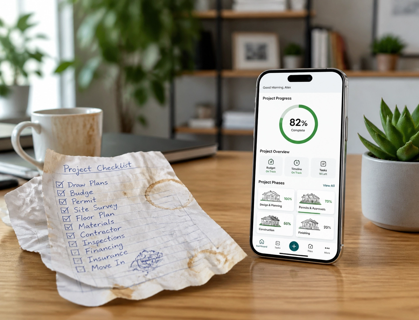 Digital home maintenance app dashboard replacing a messy paper checklist for home management.