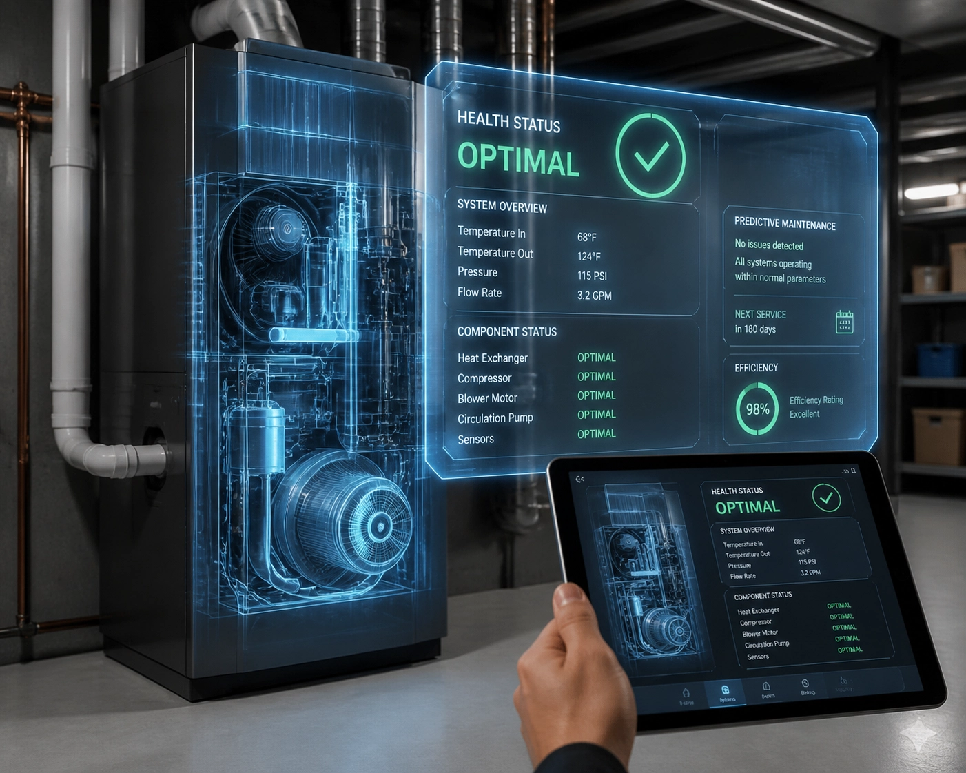 AI-powered home management app tracking HVAC health status and predictive maintenance data.