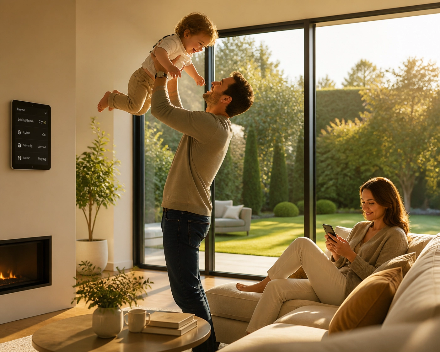 Happy family relaxing in a well-maintained home managed by a proactive home maintenance app.