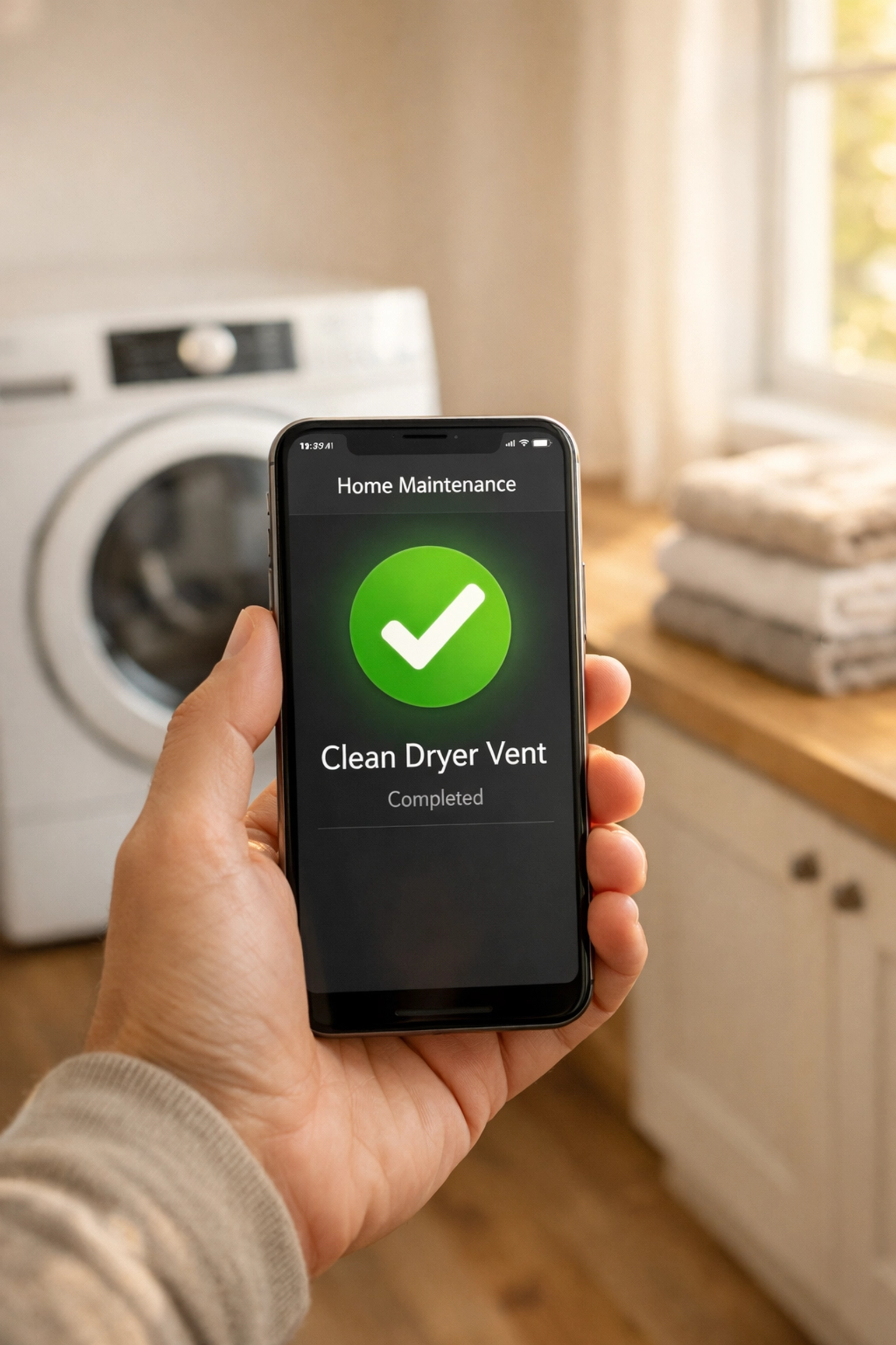Homeowner using TotalHome Hub app to track a completed dryer vent cleaning task in a modern laundry room.
