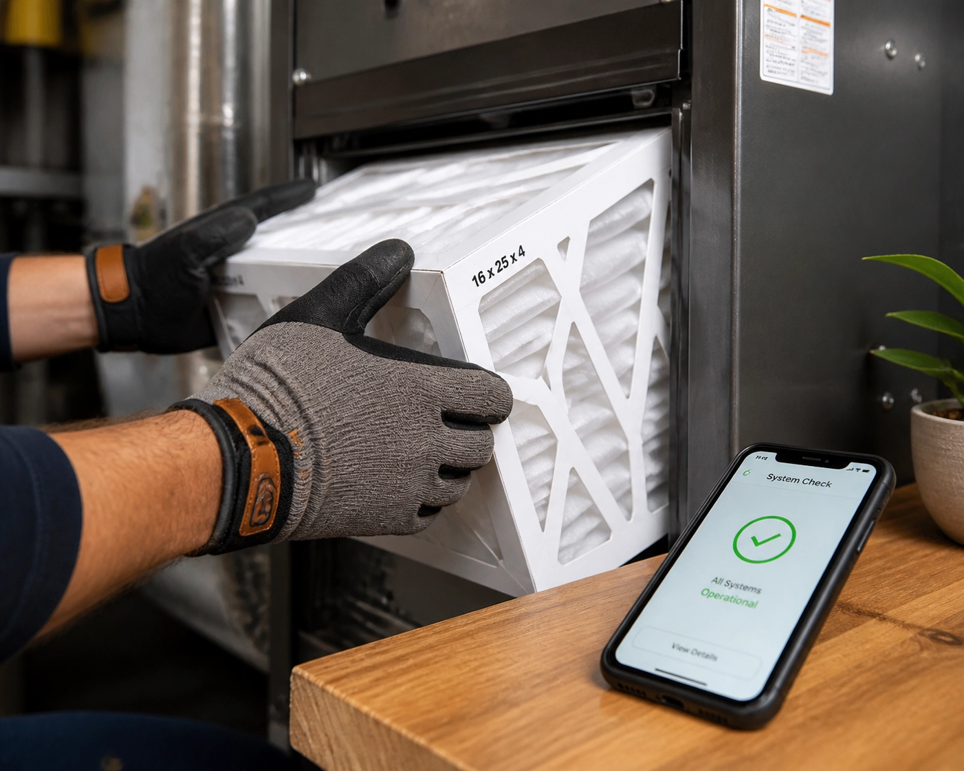 Homeowner replacing an HVAC air filter with a smartphone home maintenance app tracking the task.