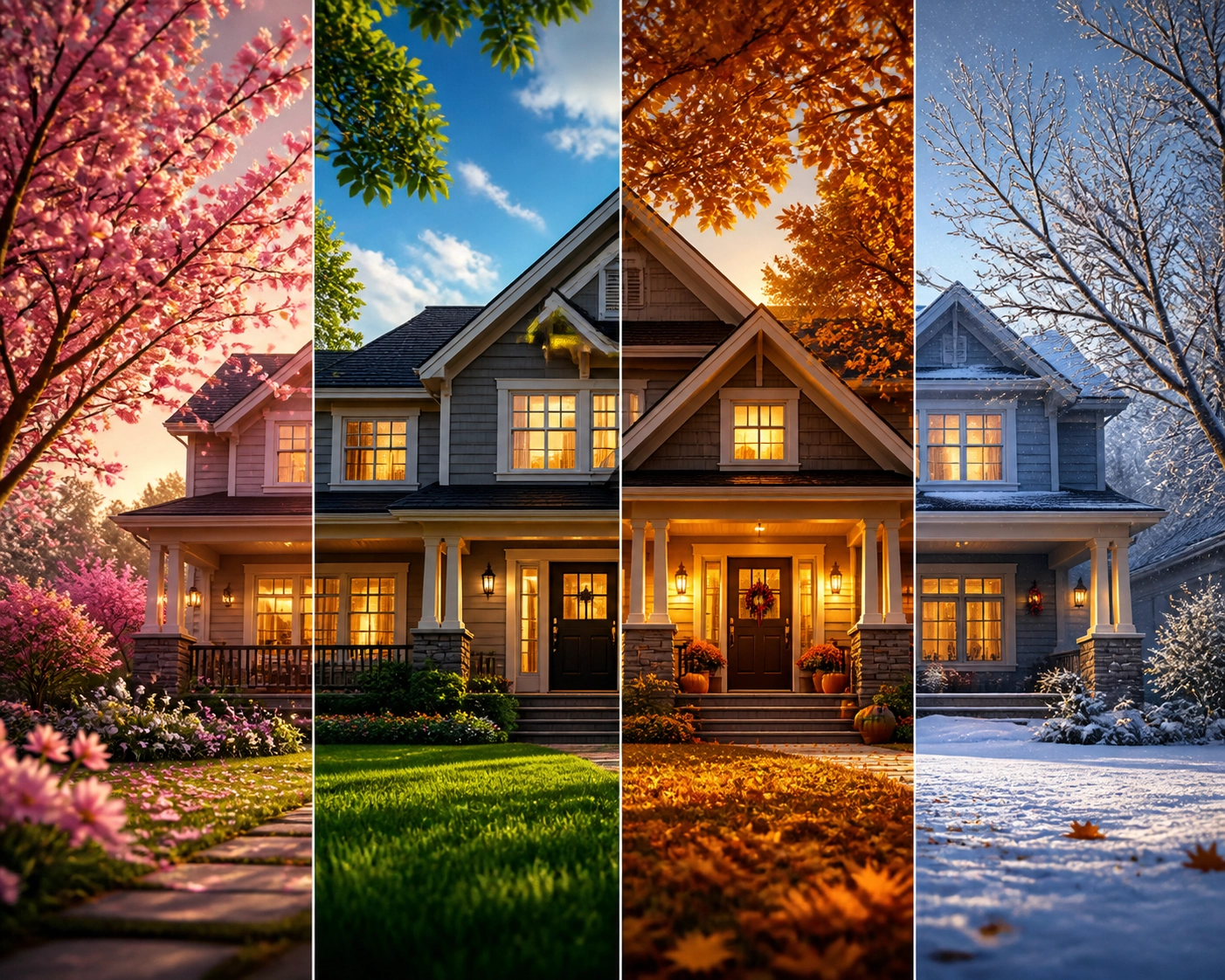 Suburban home shown across four seasons illustrating a year-round seasonal home maintenance schedule.