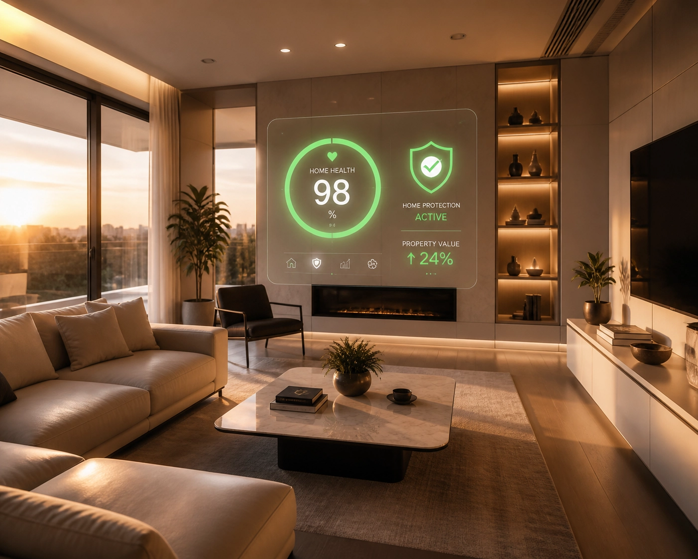 Digital home health score gauge floating in a modern living room symbolizing home protection.