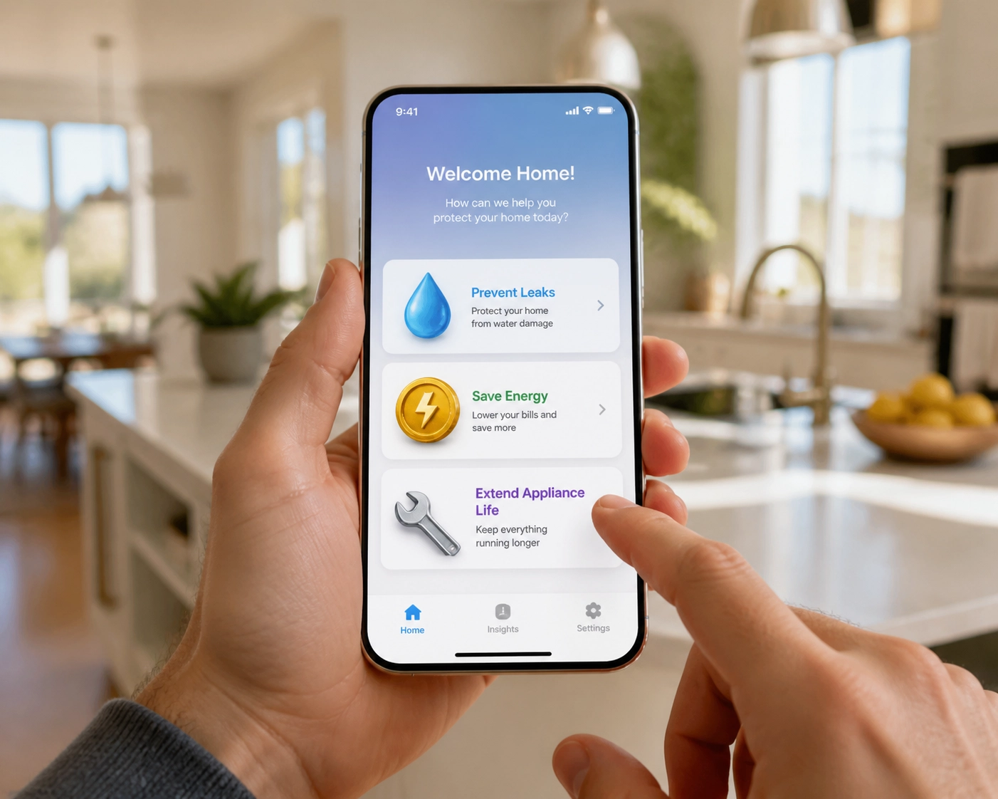 A smartphone displaying a home management app for tracking utility savings and leak prevention.