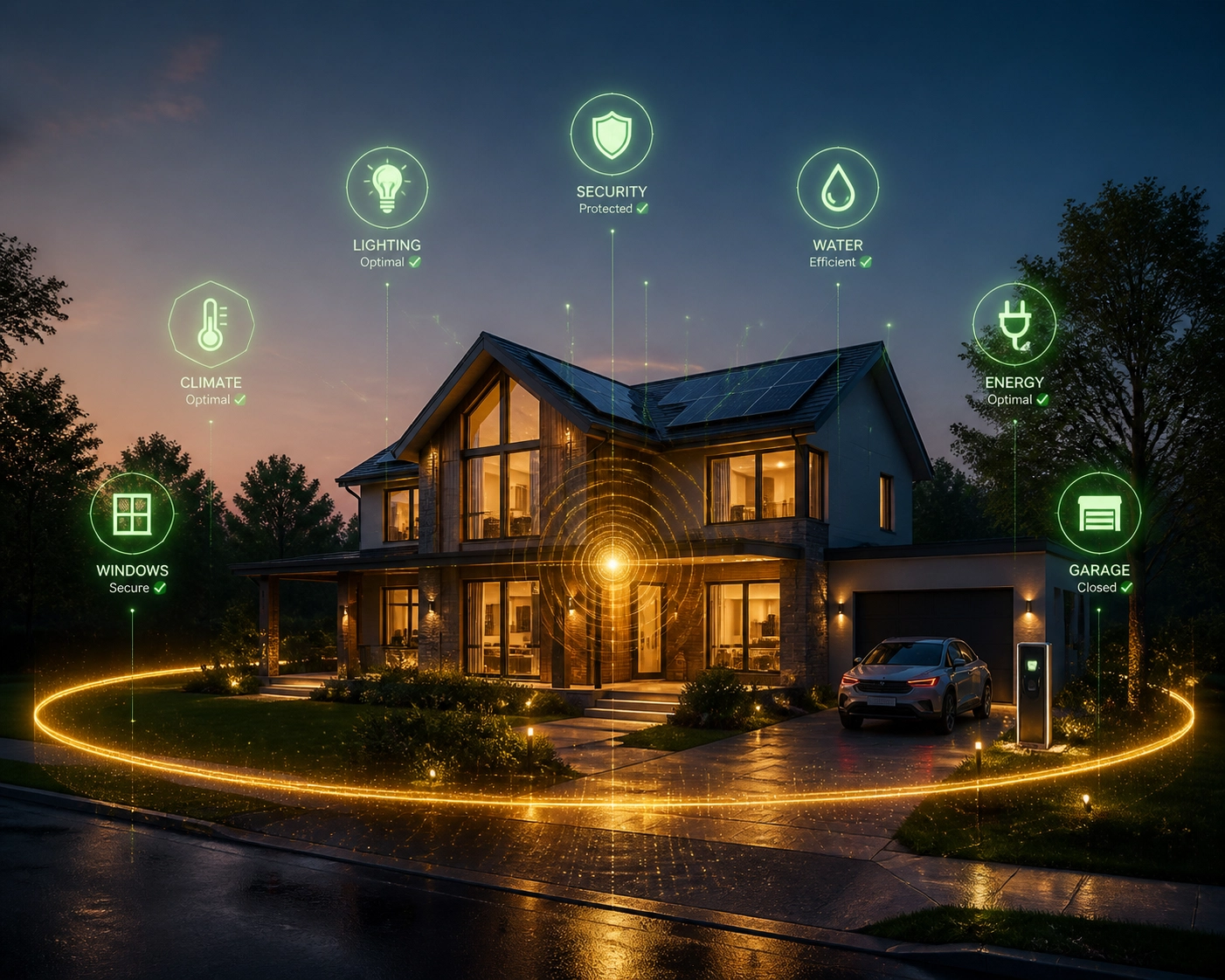 Suburban house featuring a digital shield for predictive maintenance and smart home health.
