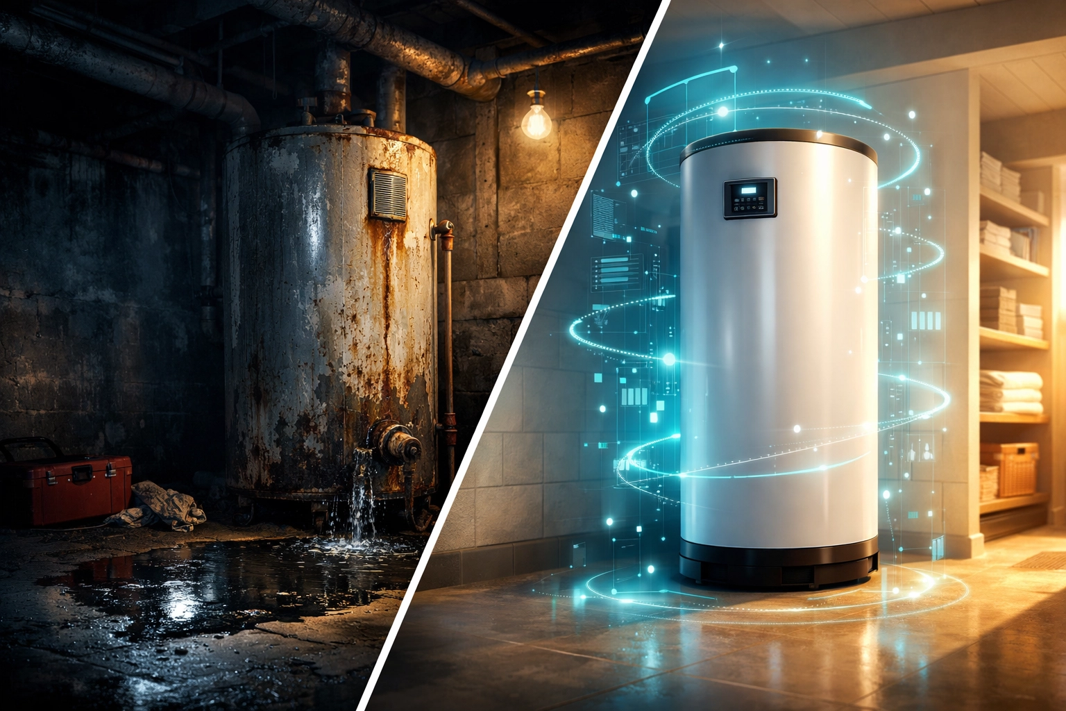 Comparison of a leaking water heater versus a smart system using predictive home maintenance data.