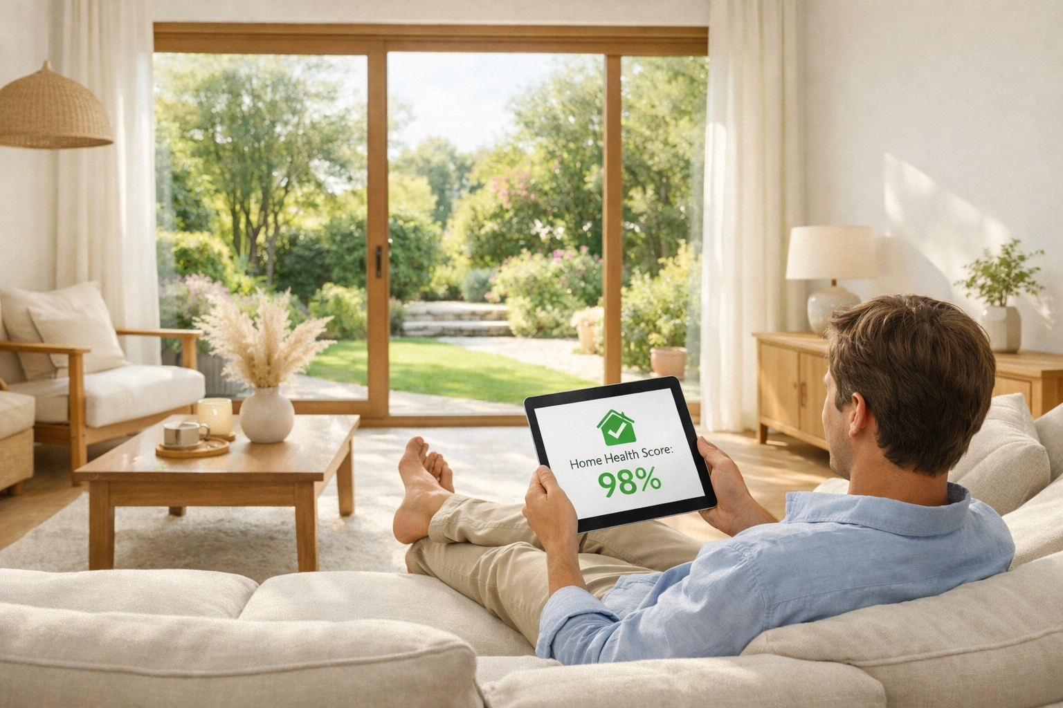 Homeowner viewing a high Home Health Score on a tablet, illustrating peace of mind and total home control.