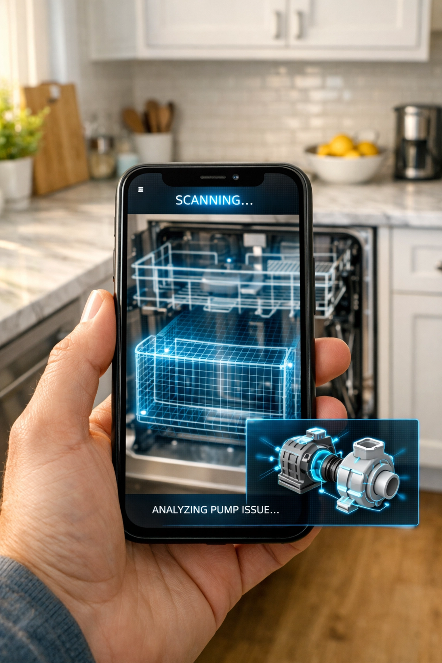 Smartphone app using AI to scan a dishwasher for predictive maintenance and part diagnosis.