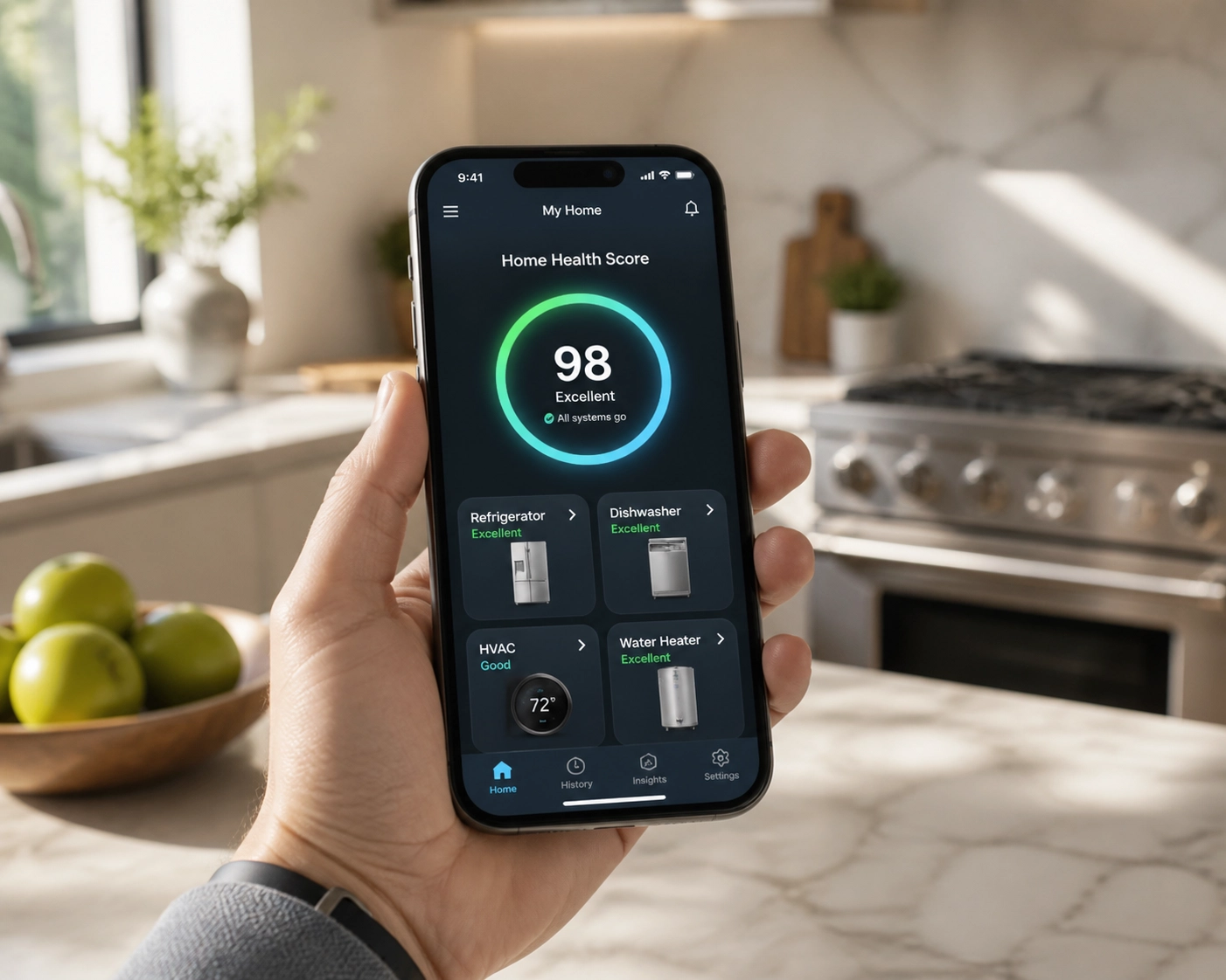 Smartphone app displaying a Home Health Score for tracking appliances and maintenance.