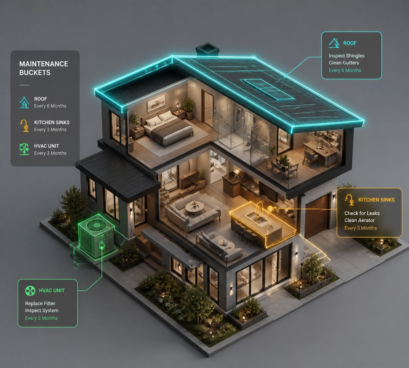 Modern home model highlighting different maintenance categories for easy organization.