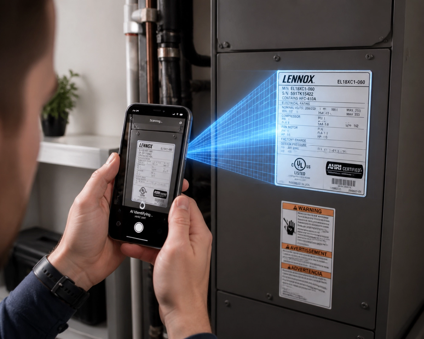 Using a mobile app to scan an HVAC unit for AI-powered home maintenance diagnostics.