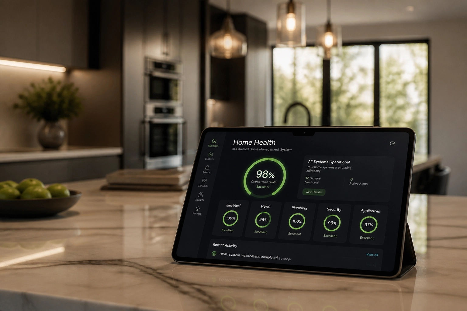 Digital home health dashboard on a tablet displaying maintenance tracking for HVAC and electrical systems.