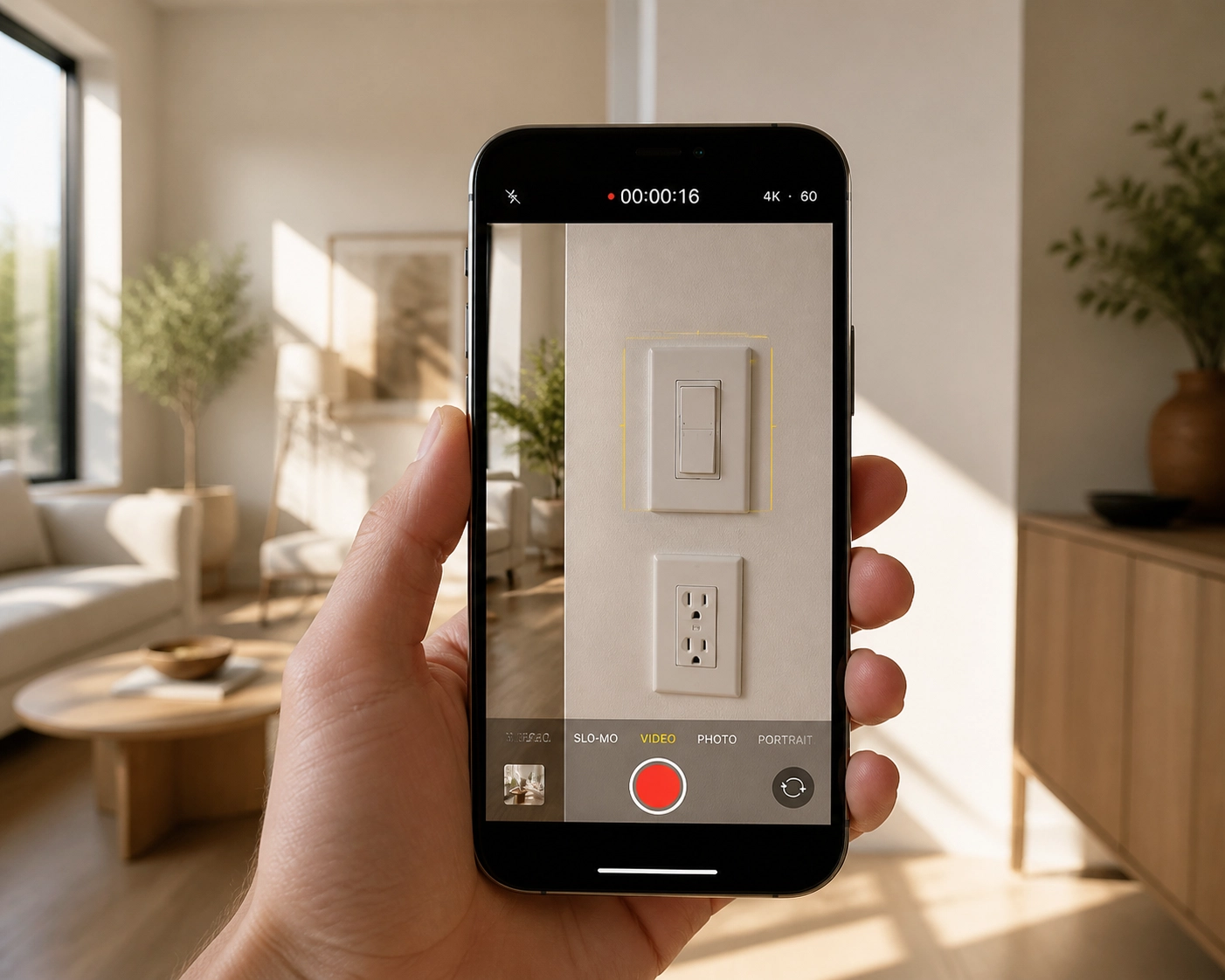 Homeowner using a smartphone to record a digital home inventory of a living room and electrical outlets.