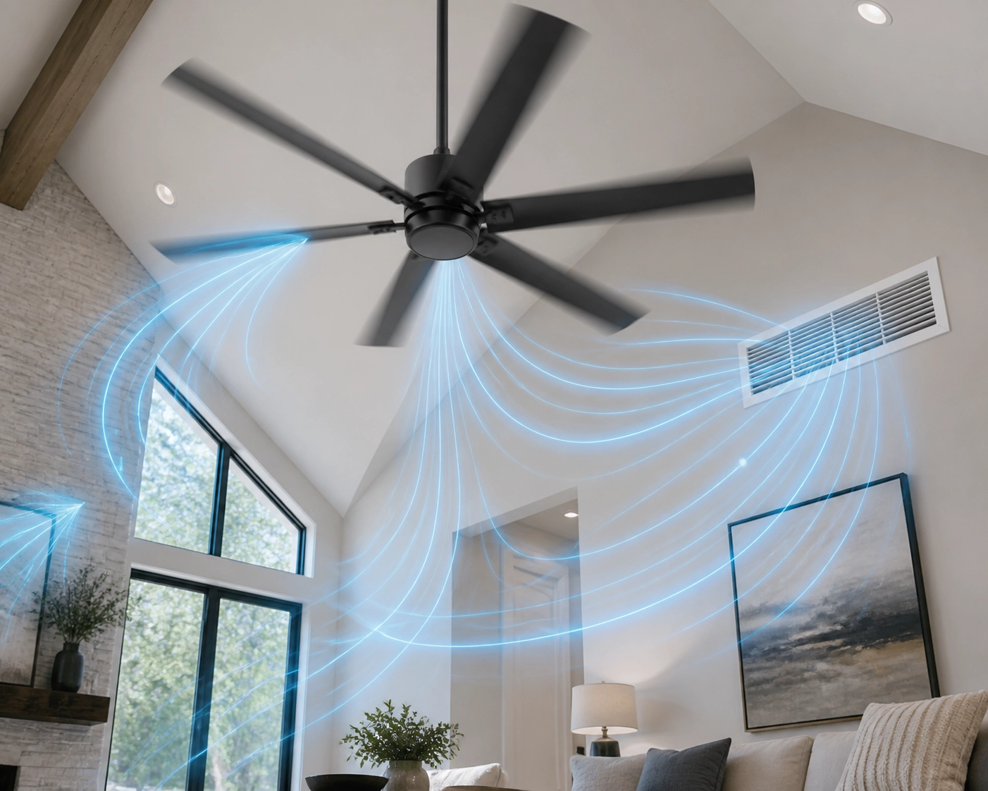 Modern ceiling fan and HVAC vent representing a healthy home maintenance schedule and clean air quality.