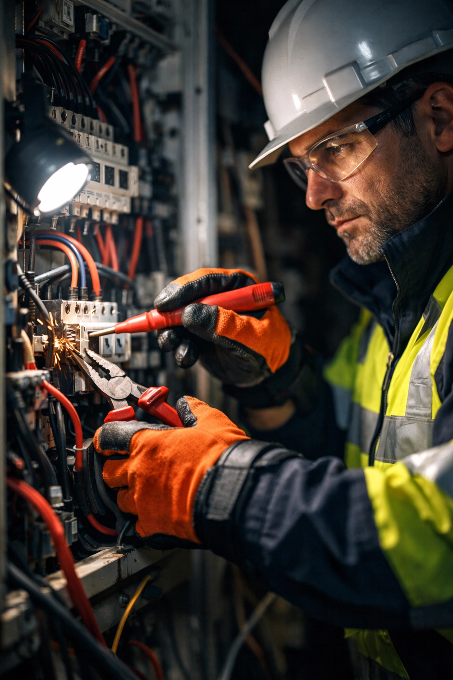 Licensed electrician performing a complex electrical panel repair for a high-voltage home system.