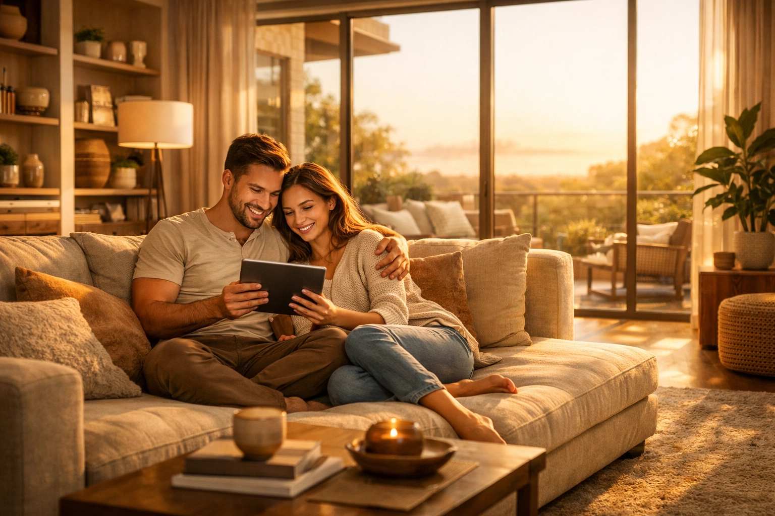 Happy couple using a tablet for proactive home management and peace of mind through organized maintenance.