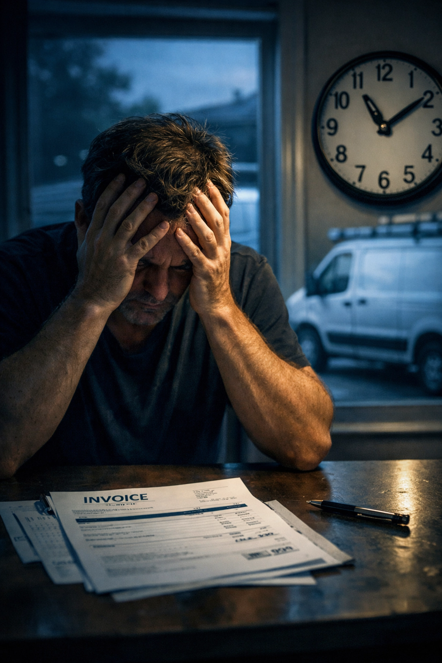 Stressful home repair costs showing a frustrated homeowner with an expensive service bill.