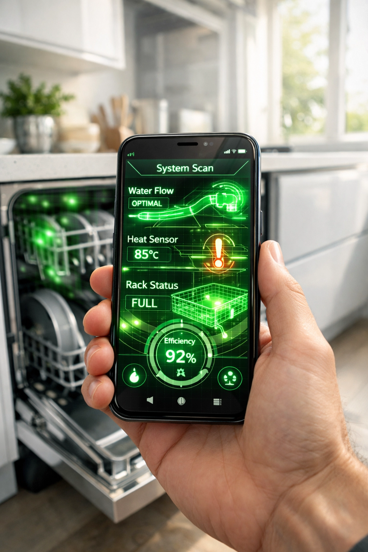 Homeowner using AI home diagnostic app to identify dishwasher repair issues using a smartphone camera.