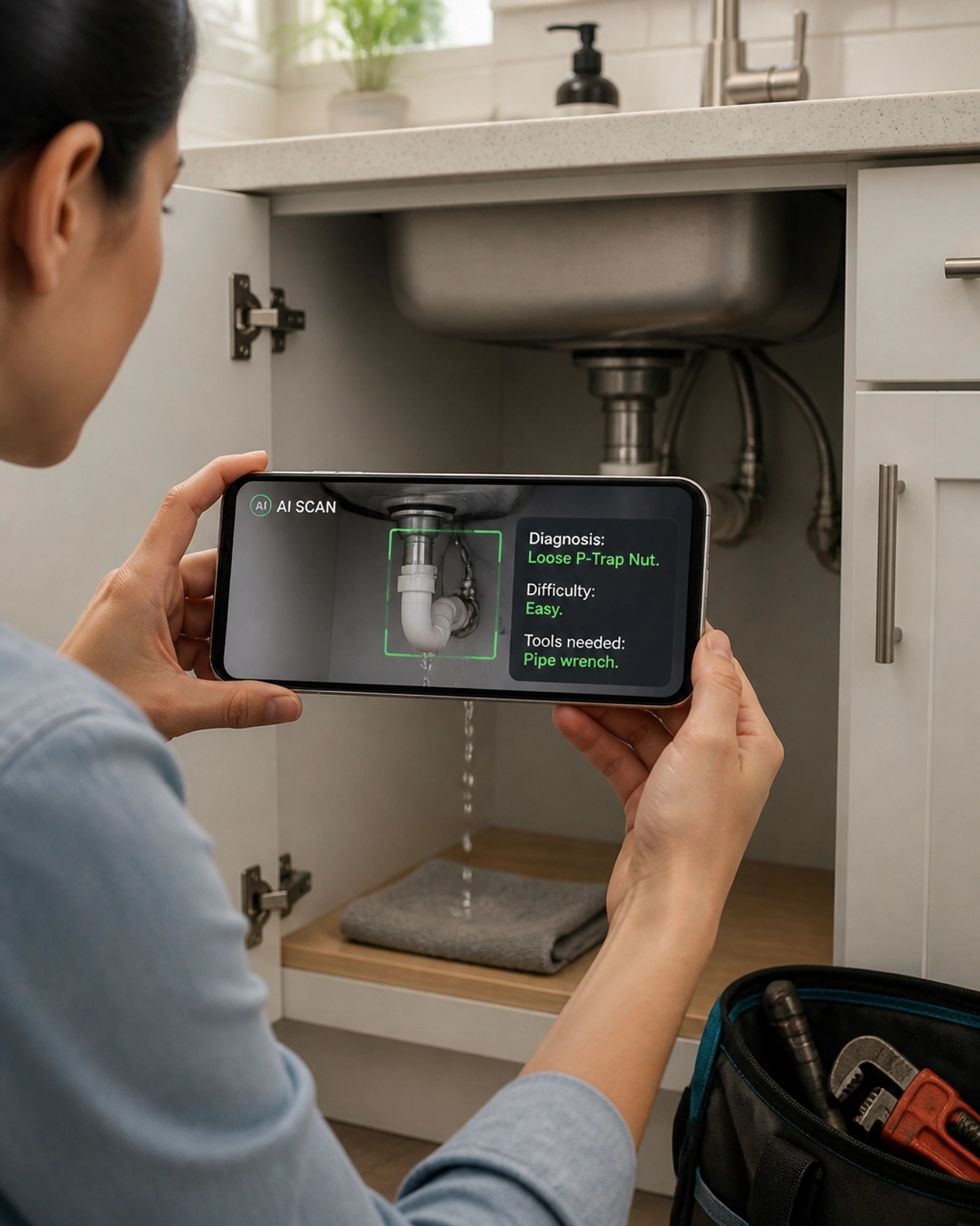 A person using the TotalHome Hub app to diagnose a sink leak with AI