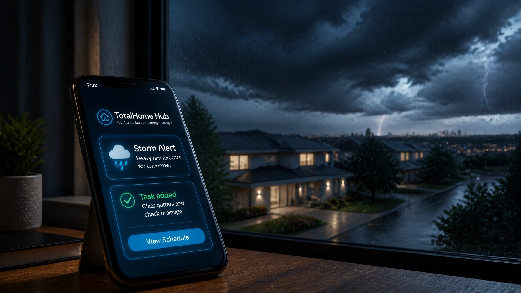 A smartphone notification showing a weather-smart maintenance task triggered by an upcoming storm
