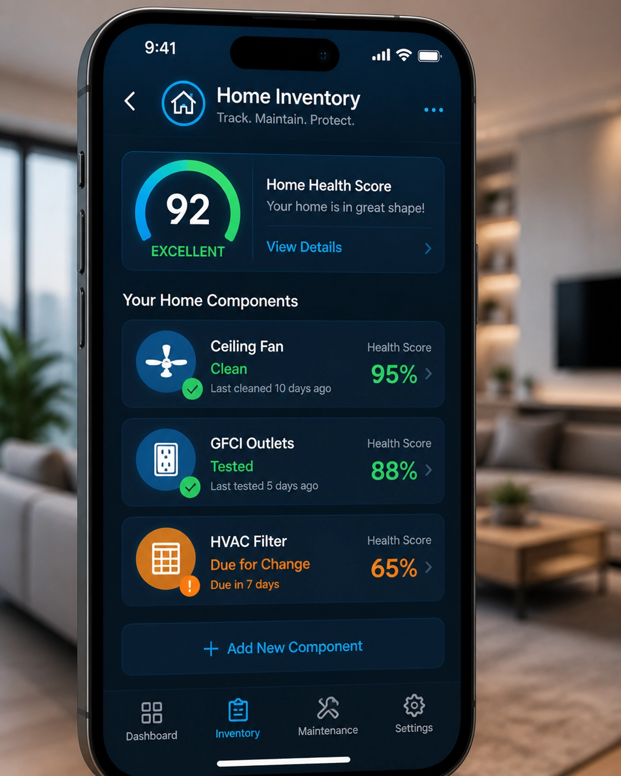 The TotalHome Hub Home Inventory interface showing component health and maintenance status