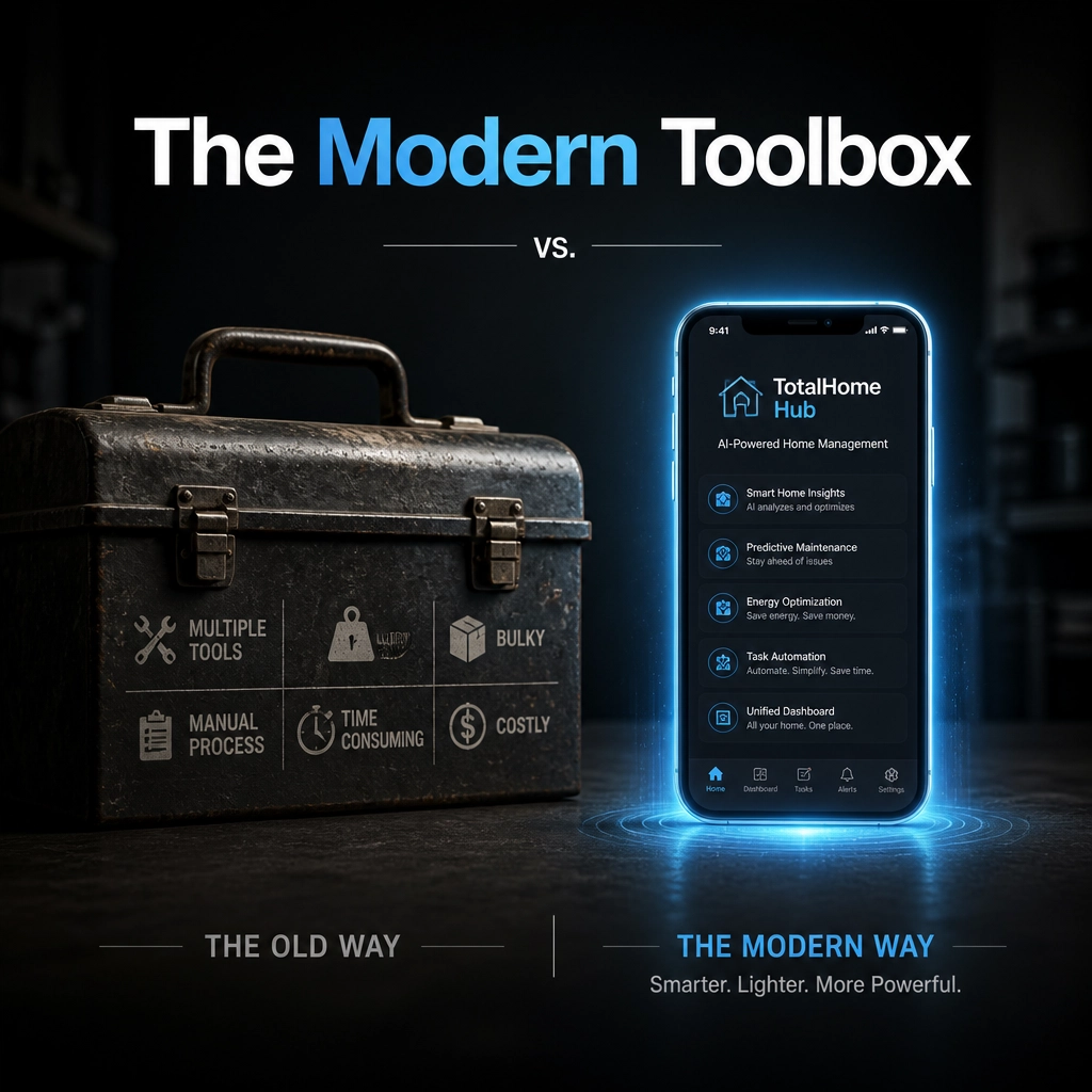 A comparison between a traditional heavy toolbox and the sleek TotalHome Hub app on a smartphone.