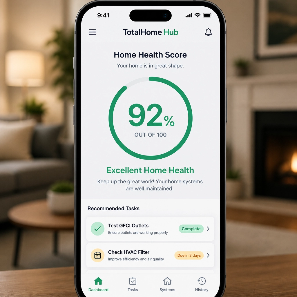 The TotalHome Hub Home Health Score dashboard showing a 92% rating and upcoming maintenance tasks.