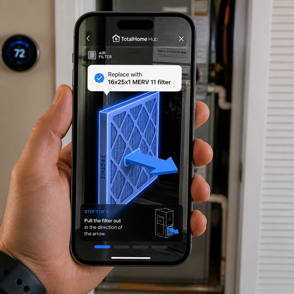 An AR visualization of the TotalHome Hub app identifying an HVAC filter and providing replacement instructions.