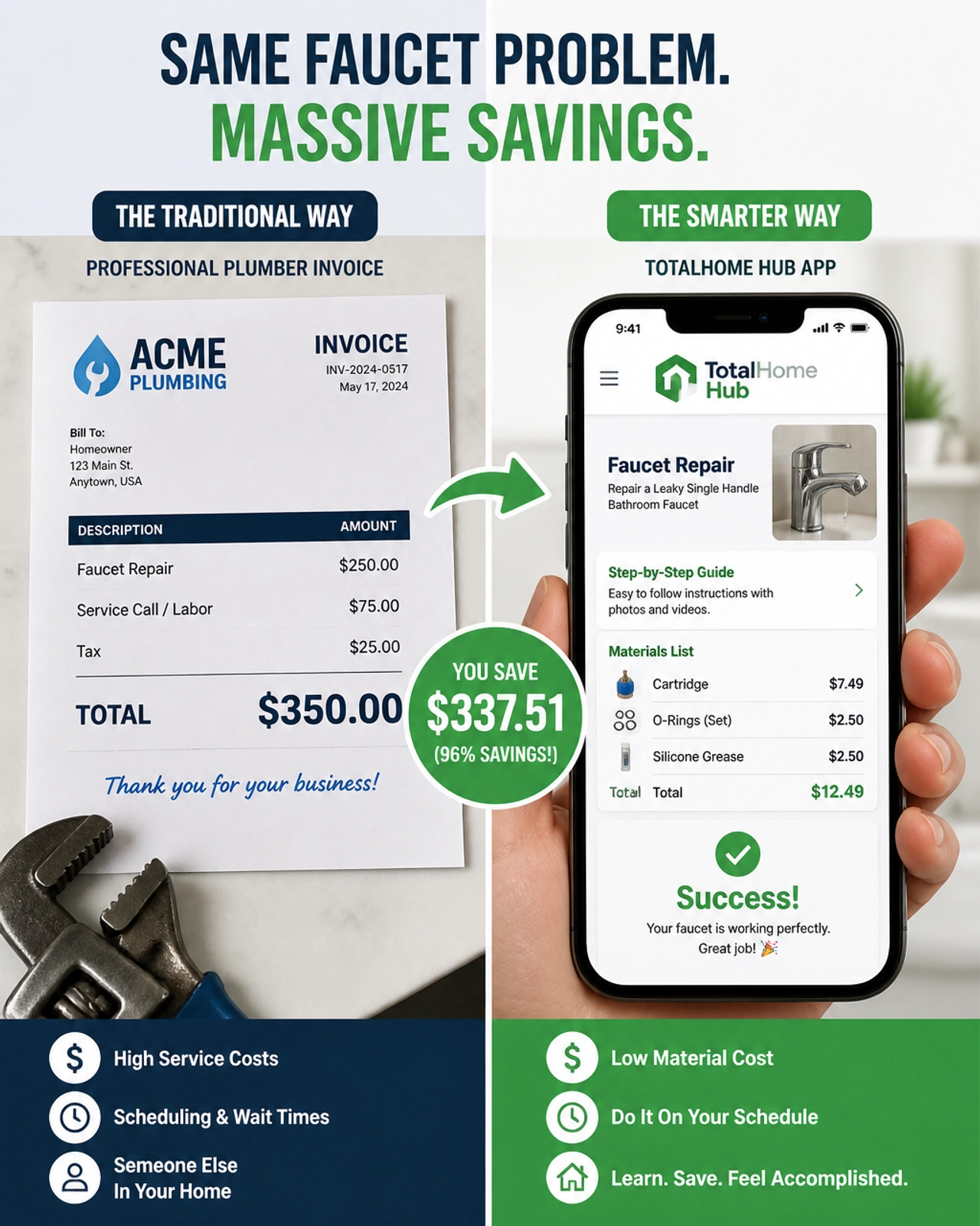 An infographic showing the $350 cost of a professional plumber vs. the $12.49 DIY cost using TotalHome Hub.