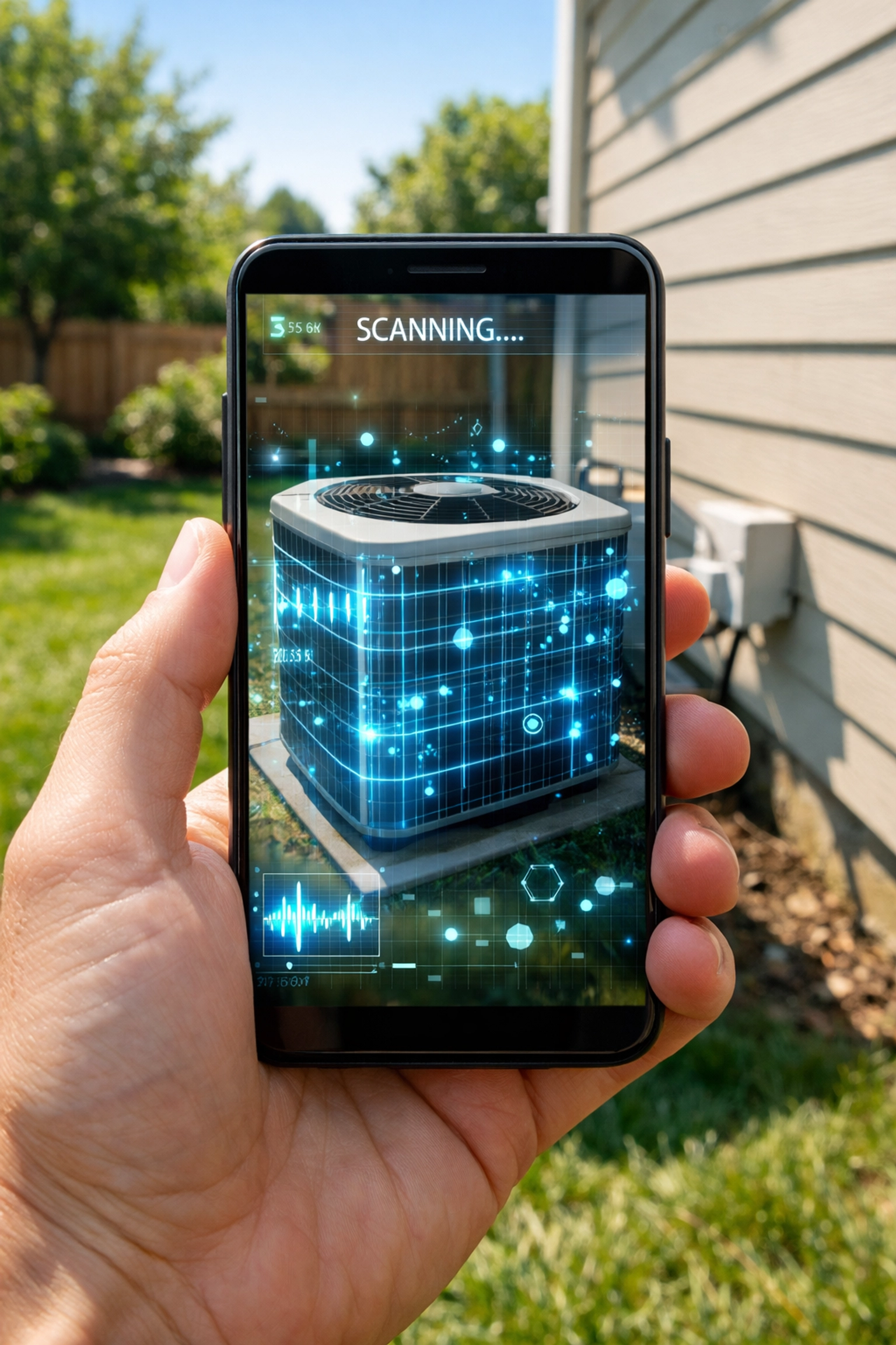 Smartphone app using AI to scan an outdoor AC unit for cooling maintenance and energy efficiency.