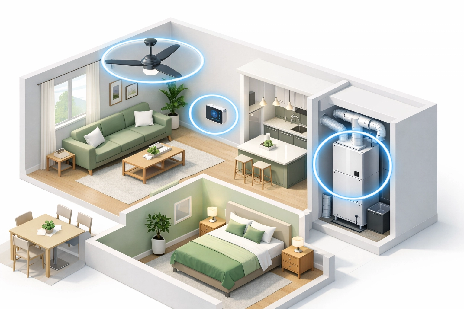 Digital home overview showing health monitoring status for air handlers and smart thermostats.